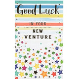 ICG Venturing Success greeting card with large silver "Good Luck" text, 7.75 x 4.75 inches, celebrating new ventures.
