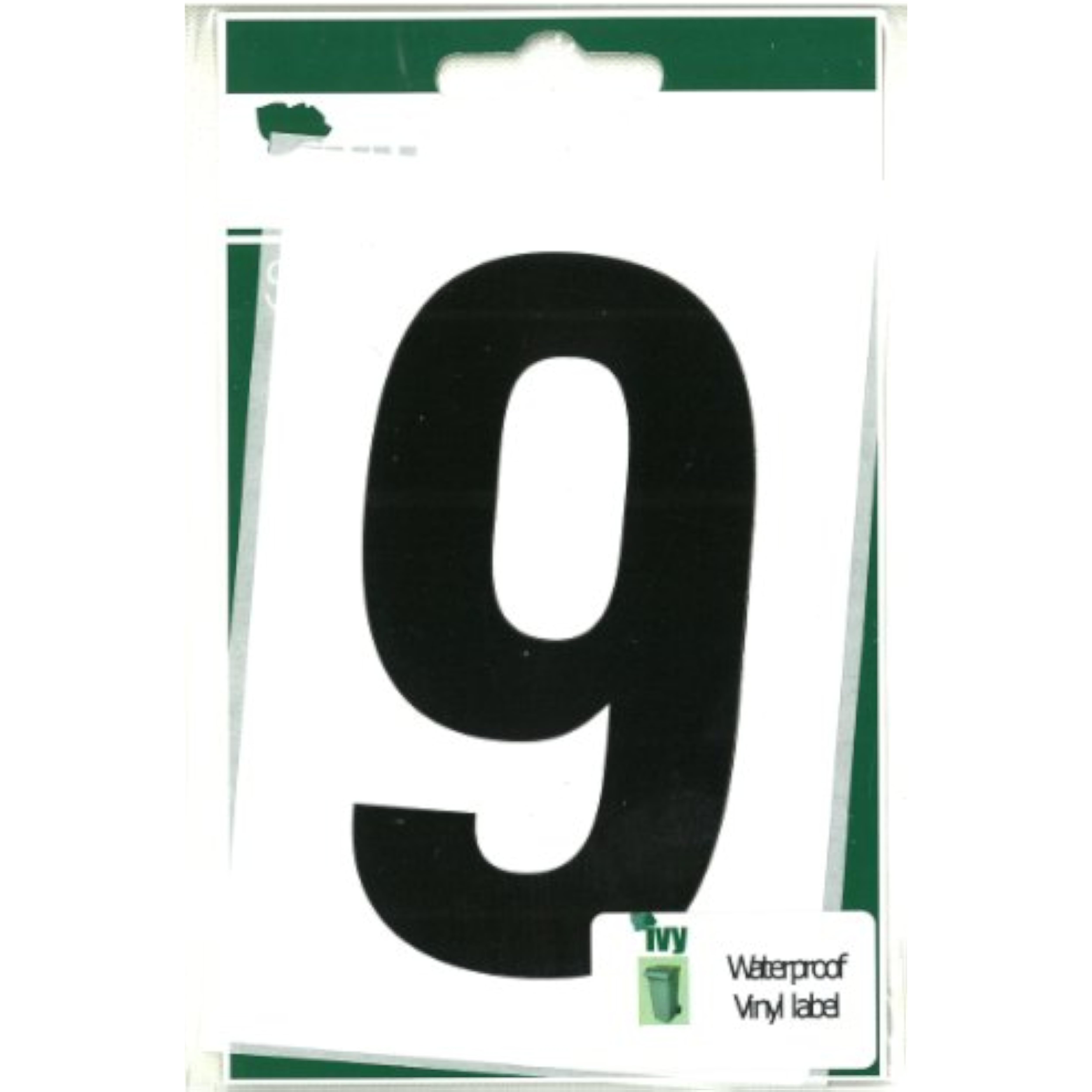 Black Wheelie Bin Number 9 sticker by Ivy Stationery, adhesive label for outdoor bin identification.