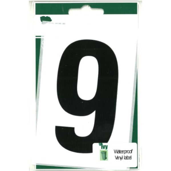 Black Wheelie Bin Number 9 sticker by Ivy Stationery, adhesive label for outdoor bin identification.