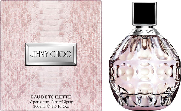 Jimmy Choo women's Eau de Toilette spray 100ml bottle, elegant fragrance with a sleek design and floral scent.