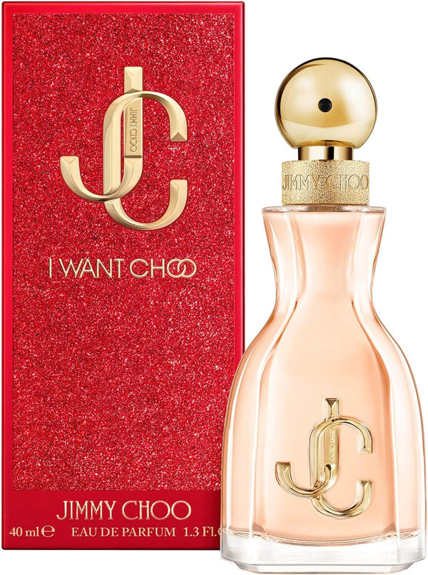 Jimmy Choo I Want Choo Eau de Parfum spray for women, 40ml, featuring elegant perfume bottle with gold accents.