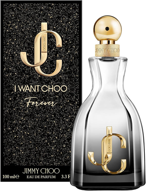 Jimmy Choo I Want Choo Forever Eau de Parfum spray for women, 100ml bottle with elegant gold accents and floral details.