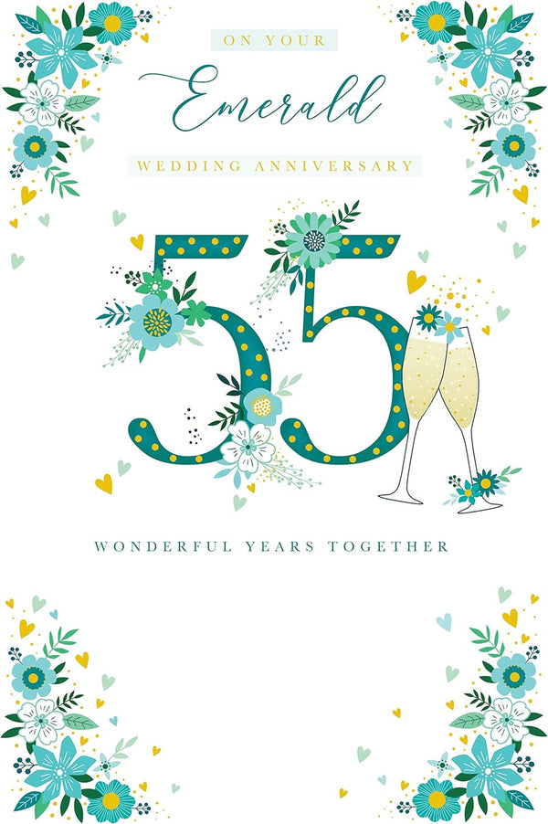 Elegant Kingfisher Champagne Emerald 55th Anniversary greeting card with floral design and gold accents.