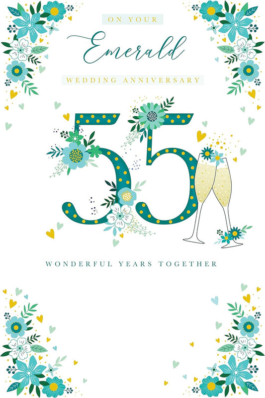 Elegant Kingfisher Champagne Emerald 55th Anniversary greeting card with floral design and gold accents.