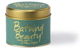 Lily-Flame Bathing Beauty scented tin candle with floral design, ideal for relaxing bath time ambiance.