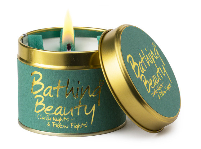 Lily-Flame Bathing Beauty scented tin candle with floral design, perfect for relaxing bath time ambiance.