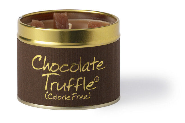 Lily-Flame Chocolate Truffle scented tin candle with a decorative label and a lit wick, creating a warm, cozy ambiance.