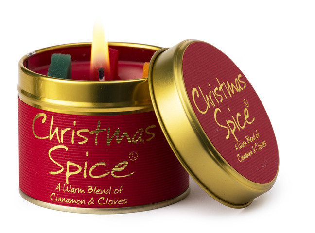Lily-Flame Christmas Spice scented tin candle with festive red and green packaging, featuring a cozy holiday-themed design.