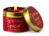 Lily-Flame Christmas Spice scented tin candle with festive red and green packaging, featuring a cozy holiday-themed design.