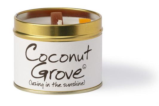 Lily-Flame Coconut Grove scented tin candle with a tropical coconut and fruity fragrance in a decorative metal tin