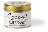 Lily-Flame Coconut Grove scented tin candle with tropical coconut and floral design, perfect for cozy home décor.