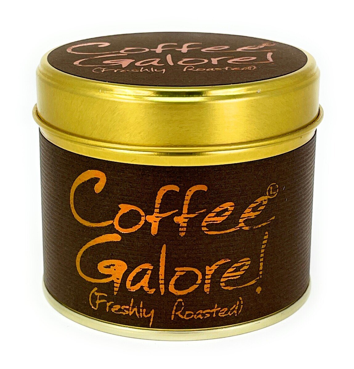 Lily-Flame Coffee Galore scented tin candle with coffee bean design and warm, inviting aroma in a compact metal tin.