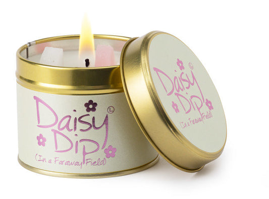 Lily-Flame Daisy Dip scented tin candle with a floral design and metal lid, perfect for home decor or gifting.