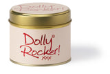 Lily-Flame Dolly Rocker scented tin candle with colorful floral design and metal lid, perfect for home decor and fragrance.