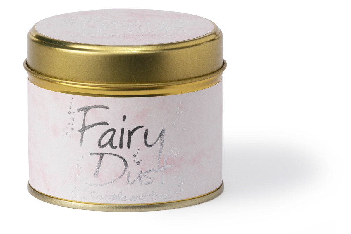 Lily-Flame Fairy Dust scented tin candle with a whimsical fairy dust design and a metallic lid, ideal for cozy spaces.