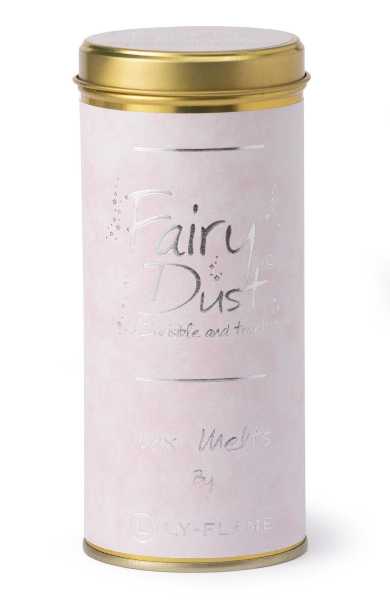 Lily-Flame Fairy Dust wax melts with pastel-colored wax pieces and fairy-themed packaging in the image.