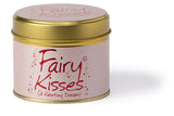 Lily-Flame Fairy Kisses scented tin candle with floral design and pink wax, perfect for adding a charming touch to your space.