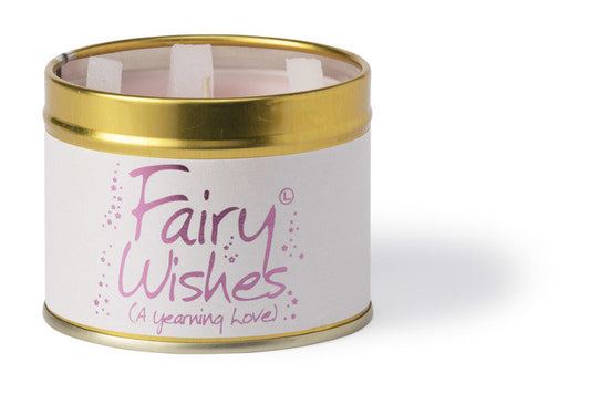 Lily-Flame Fairy Wishes scented tin candle with whimsical fairy and floral design in a decorative metal tin.