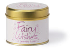 Lily-Flame Fairy Wishes scented tin candle with a whimsical fairy design on the lid and colorful floral packaging.