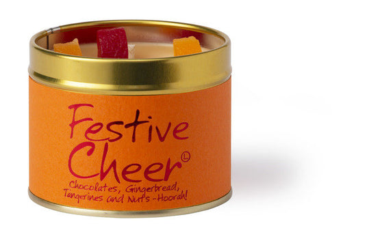 Lily-Flame Festive Cheer scented tin candle with holiday-themed design and cozy glow for festive ambiance.
