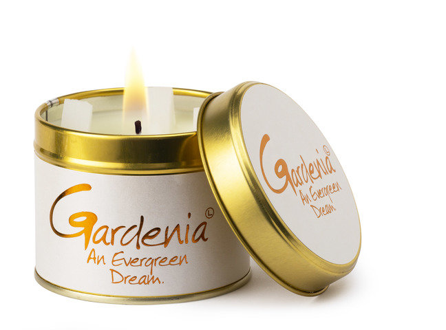 Lily-Flame Gardenia scented tin candle with floral design, perfect for home decor and creating a fragrant ambiance.