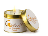 Lily-Flame Gardenia scented tin candle with floral design, perfect for home decor and creating a fragrant ambiance.