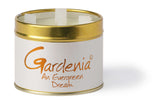 Lily-Flame Gardenia scented tin candle with floral design and metal lid, perfect for home decor and fragrance.