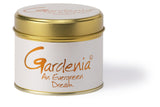 Lily-Flame Gardenia scented tin candle with floral design, perfect for home decor and creating a fragrant ambiance.