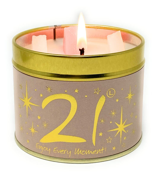 Lily-Flame Happy Birthday 21st scented tin candle with colorful birthday cake design on a white background.