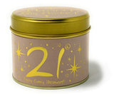 Lily-Flame 21st birthday scented tin candle with colorful birthday cake and candles design, ideal for celebrating special milestones.