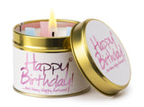 Lily-Flame Happy Birthday scented tin candle with colorful birthday-themed design and a warm, inviting glow.
