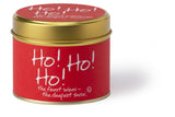 Lily-Flame Ho Ho Ho scented tin candle with festive red and white design, perfect for holiday home decor.