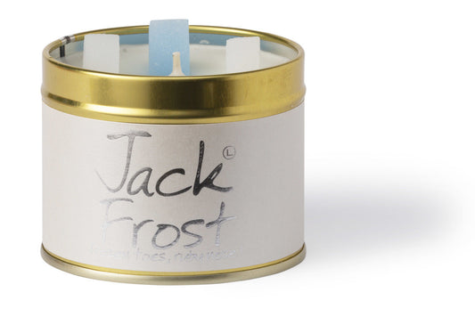 Lily-Flame Jack Frost scented tin candle with festive winter design, featuring a cozy winter scene and frosty accents.
