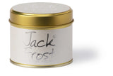 Lily-Flame Jack Frost scented tin candle with festive winter design and cozy, aromatic wax inside.