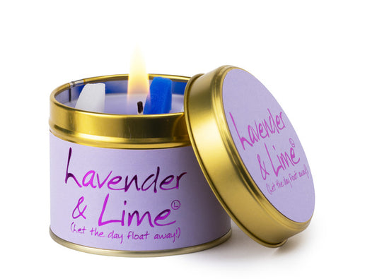 Lavender and Lime scented tin candle by Lily-Flame with a decorative label, perfect for home fragrance and relaxation.