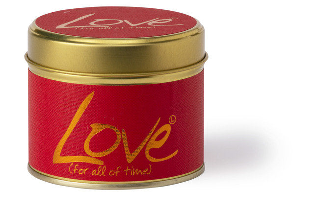 Love Scented Tin Candle by Lily-Flame with a decorative tin container and a lit wick, emitting a warm, inviting glow.