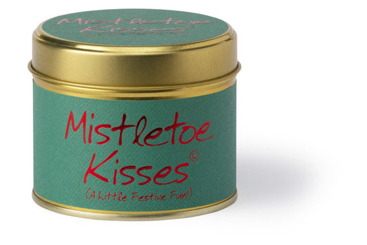Lily-Flame Mistletoe Kisses scented tin candle with festive holiday design and greenery motif on a white background.
