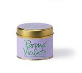 Lily-Flame Parma Violets scented tin candle with floral purple packaging and a vintage label design.