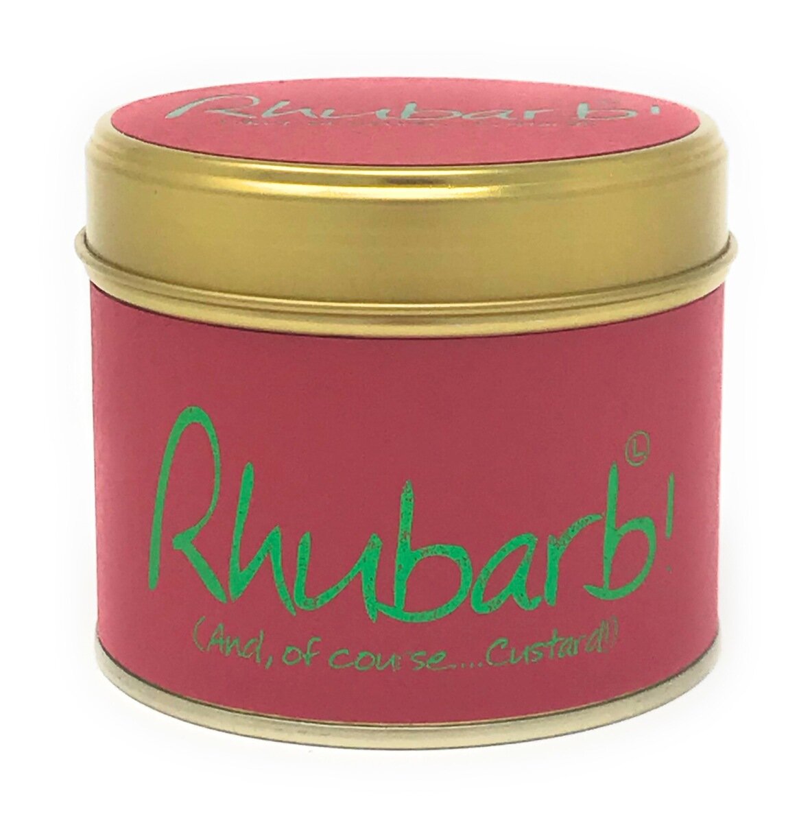 Rhubarb scented tin candle by Lily-Flame with a vintage floral design on a white background.