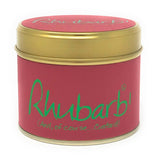 Rhubarb scented tin candle by Lily-Flame with a vintage floral design on a white background.