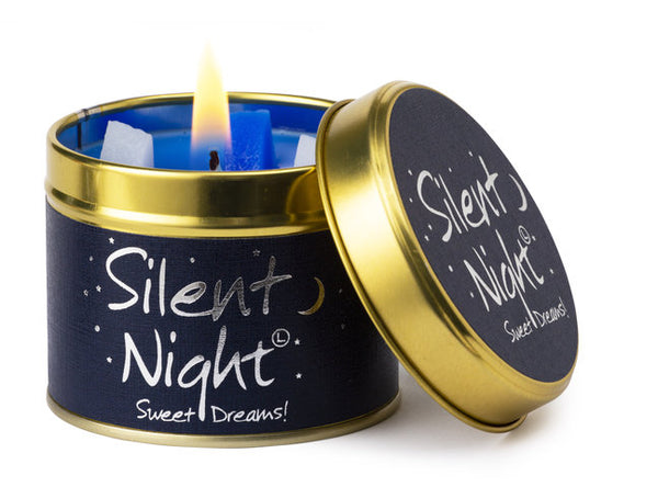 Lily-Flame Silent Night scented tin candle with festive holiday design and cozy winter scene on the label.