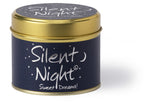 Lily-Flame Silent Night scented tin candle with festive holiday label and cozy design, perfect for seasonal decor.