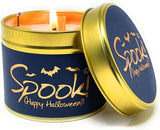 Lily-Flame Spook! Happy Halloween scented tin candle with spooky Halloween design and festive orange and black colors.