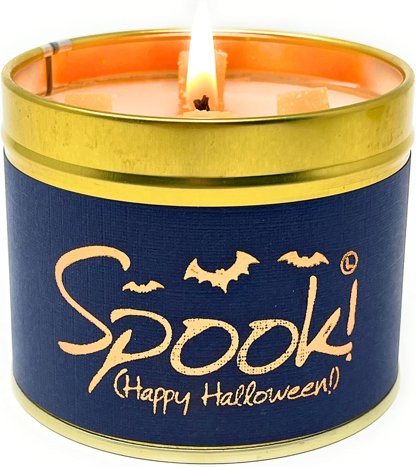 Lily-Flame Spook! Happy Halloween scented tin candle with Halloween-themed design and festive orange and black colors.