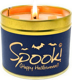 Lily-Flame Spook! Happy Halloween scented tin candle with Halloween-themed design and festive orange and black colors.