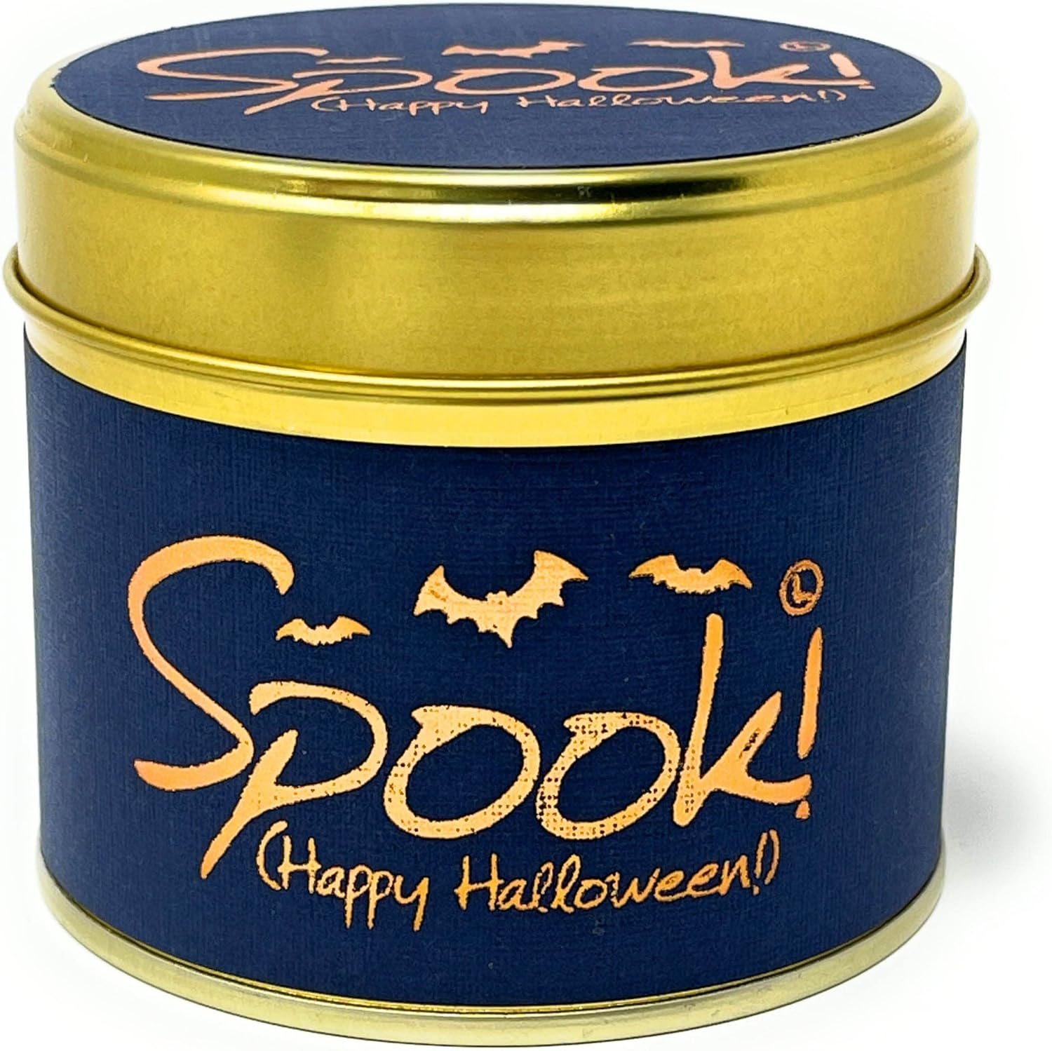 Lily-Flame Spook! Happy Halloween scented tin candle with spooky Halloween design and festive orange and black colors.