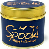Lily-Flame Spook! Happy Halloween scented tin candle with spooky Halloween design and festive orange and black colors.
