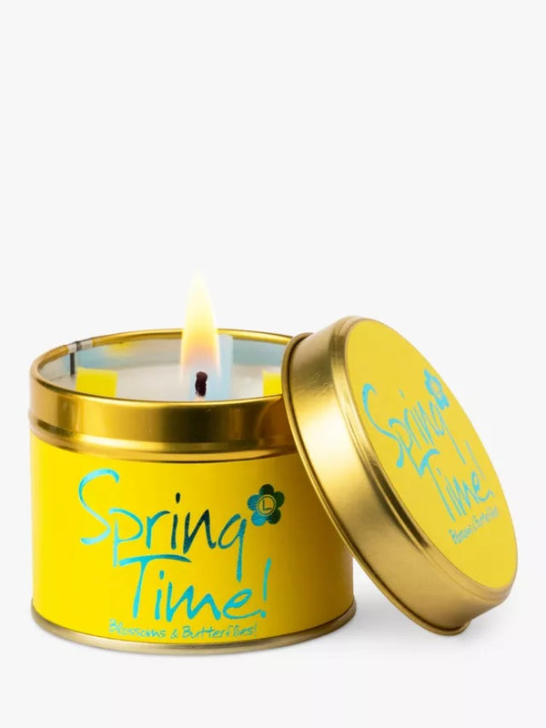 Spring Time scented tin candle by Lily-Flame featuring a decorative floral design and cozy candle inside.