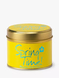 Spring Time Scented Tin Candle by Lily-Flame with floral design and a lit wick, perfect for a cozy home ambiance.