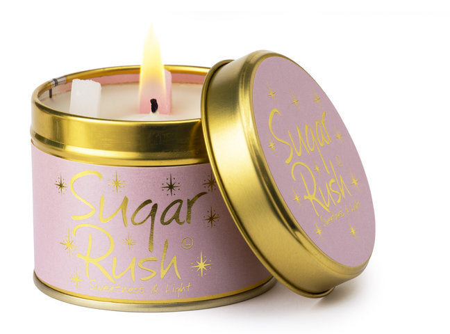 Lily-Flame Sugar Rush scented tin candle with colorful packaging and a vintage-inspired design.
